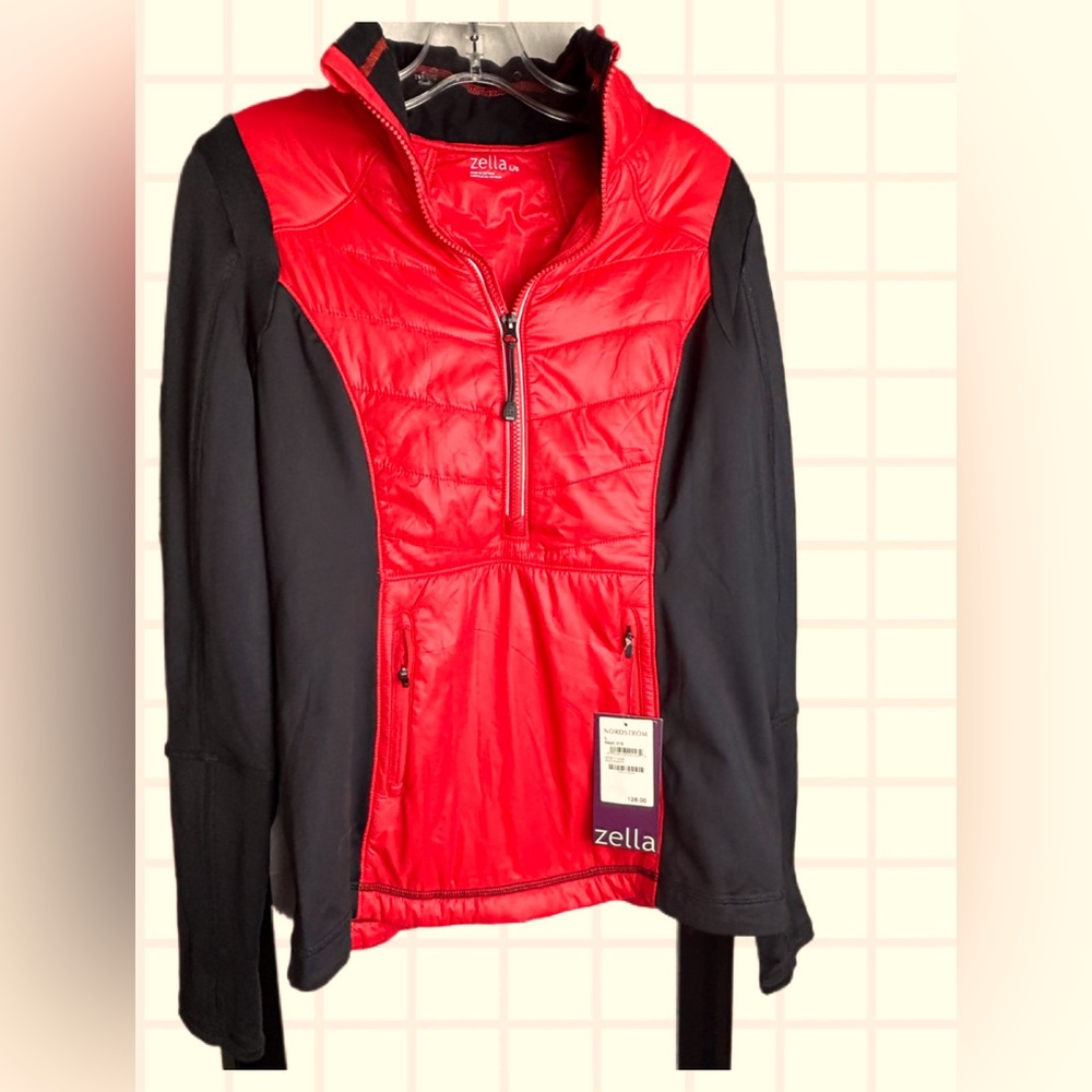 NWT Zella Athletic Jacket in Red Poppy 3/4 Zip Thumbhole Sleeves Ladies Size L